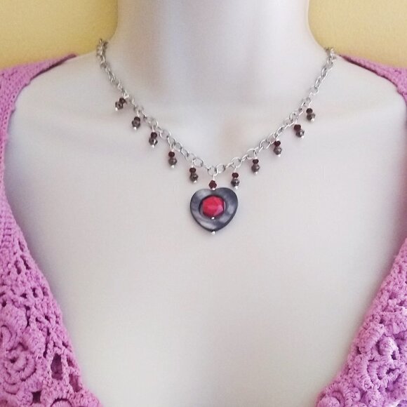 Gray Shell Heart & Red Crystals! Sexy Goth Mistress Witchy Statement Necklace - Picture 1 of 11